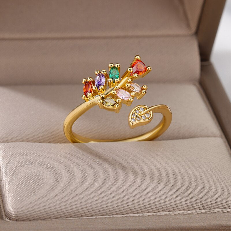 Virginia | Elegant adjustable ring made of 18-carat gold-plated material with enchanting multicolored zirconia flowers