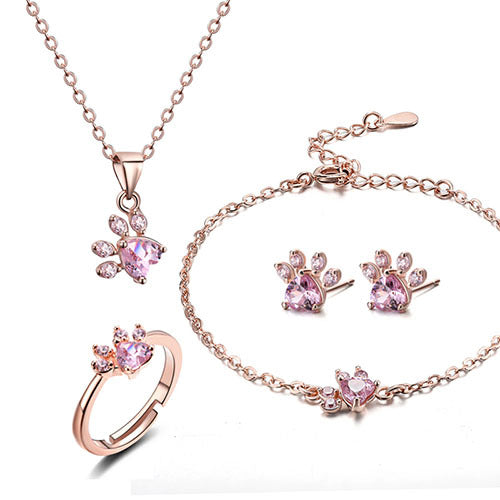 Dolores | 1-piece rose gold jewelry set with paw & zirconia heart. Perfect gift for animal lovers.