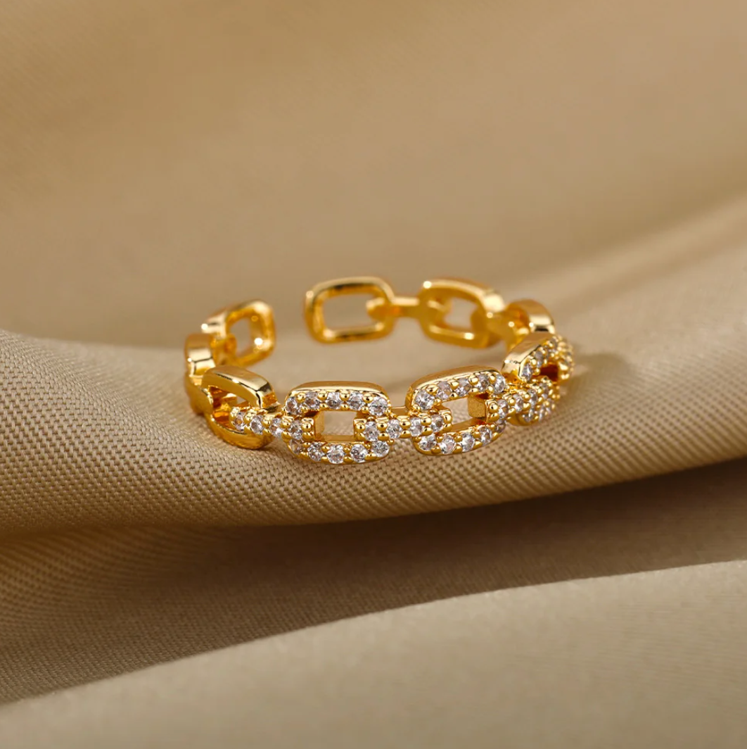 Jacqueline | Elegant 18-carat gold-plated ring with sparkling love chain and rhinestones