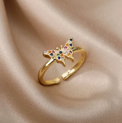 Barbara | Elegant adjustable butterfly ring with sparkling multicolored zirconia, 18-carat gold-plated