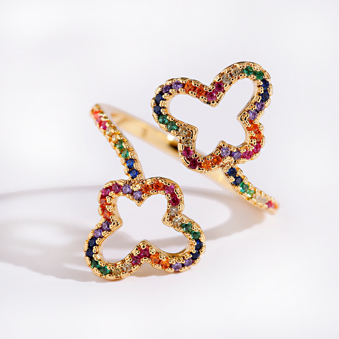 Angelines | Elegant adjustable ring with sparkling butterfly and radiant zirconia stones, 18-carat gold-plated
