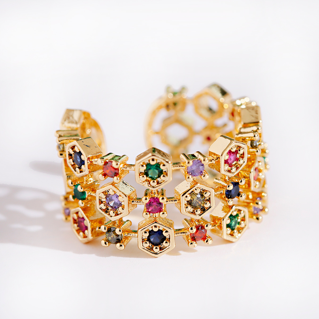 Viviana | Elegant adjustable ring made of 18K gold with sparkling colorful zircon stones