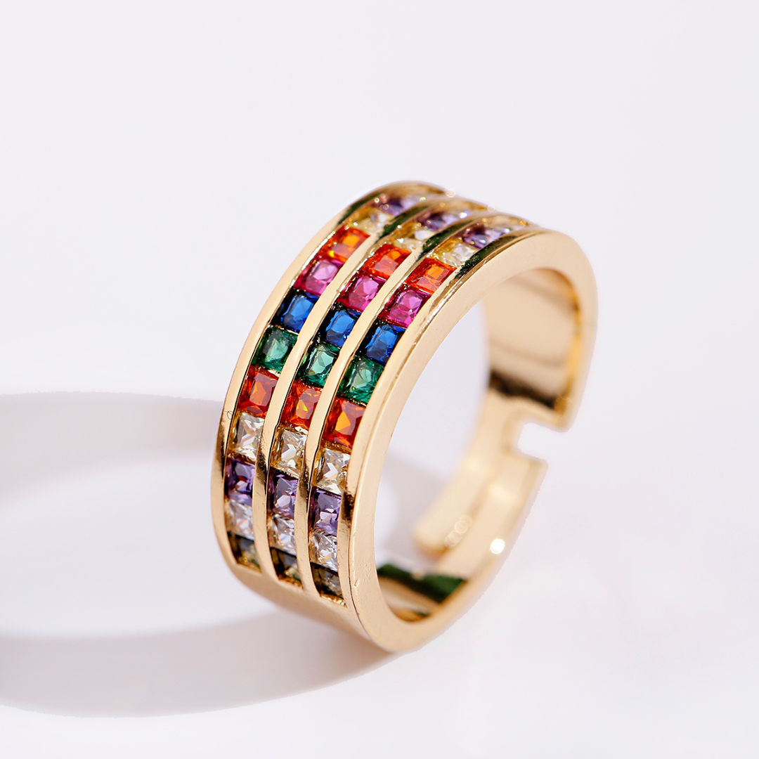 ara | Elegant adjustable gold ring with sparkling colored zircons