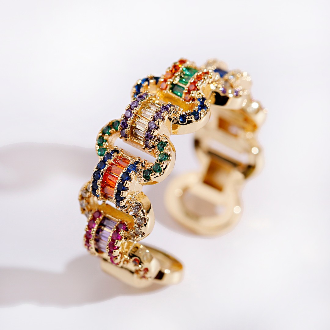 Solange | Elegant adjustable 18K gold ring set with colorful zirconia stones