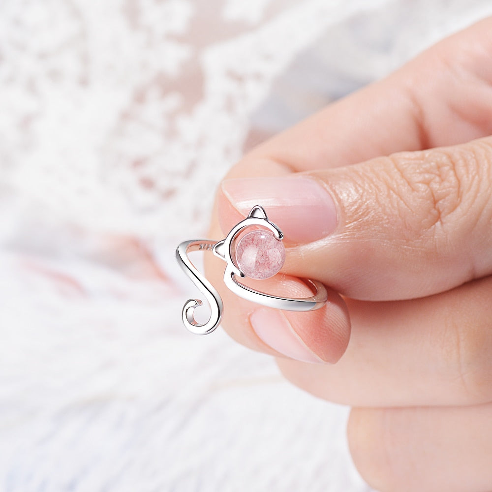 Claudia | Charming 925 sterling silver ring with pink agate stone cat