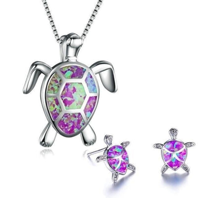 Da Ana | Elegant NAIAE necklace and earring set with a delicate opal sea turtle in silver.