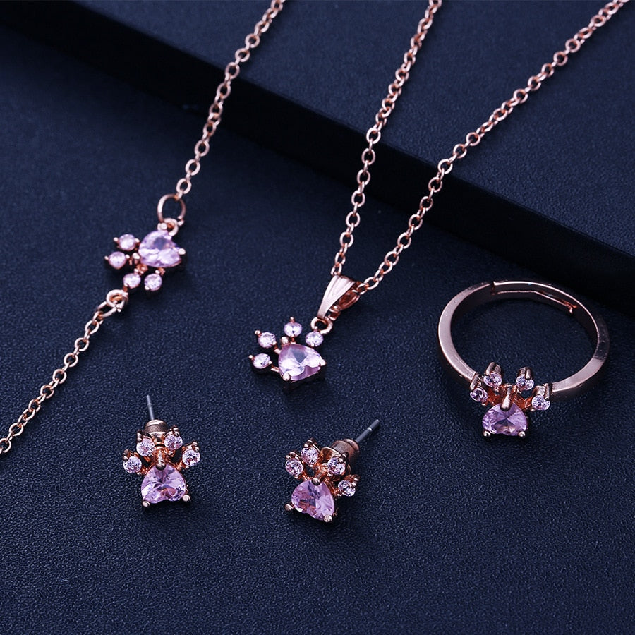 Dolores | 1-piece rose gold jewelry set with paw & zirconia heart. Perfect gift for animal lovers.